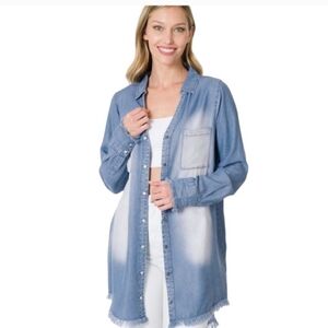 Denim Frayed  Hem Longline Shirt